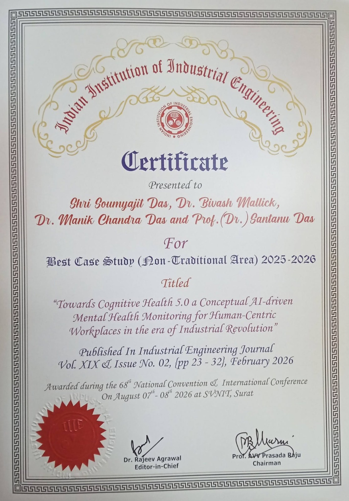 🏆 Best Case Study Award at 68th National Convention of Industrial Engineering 2026